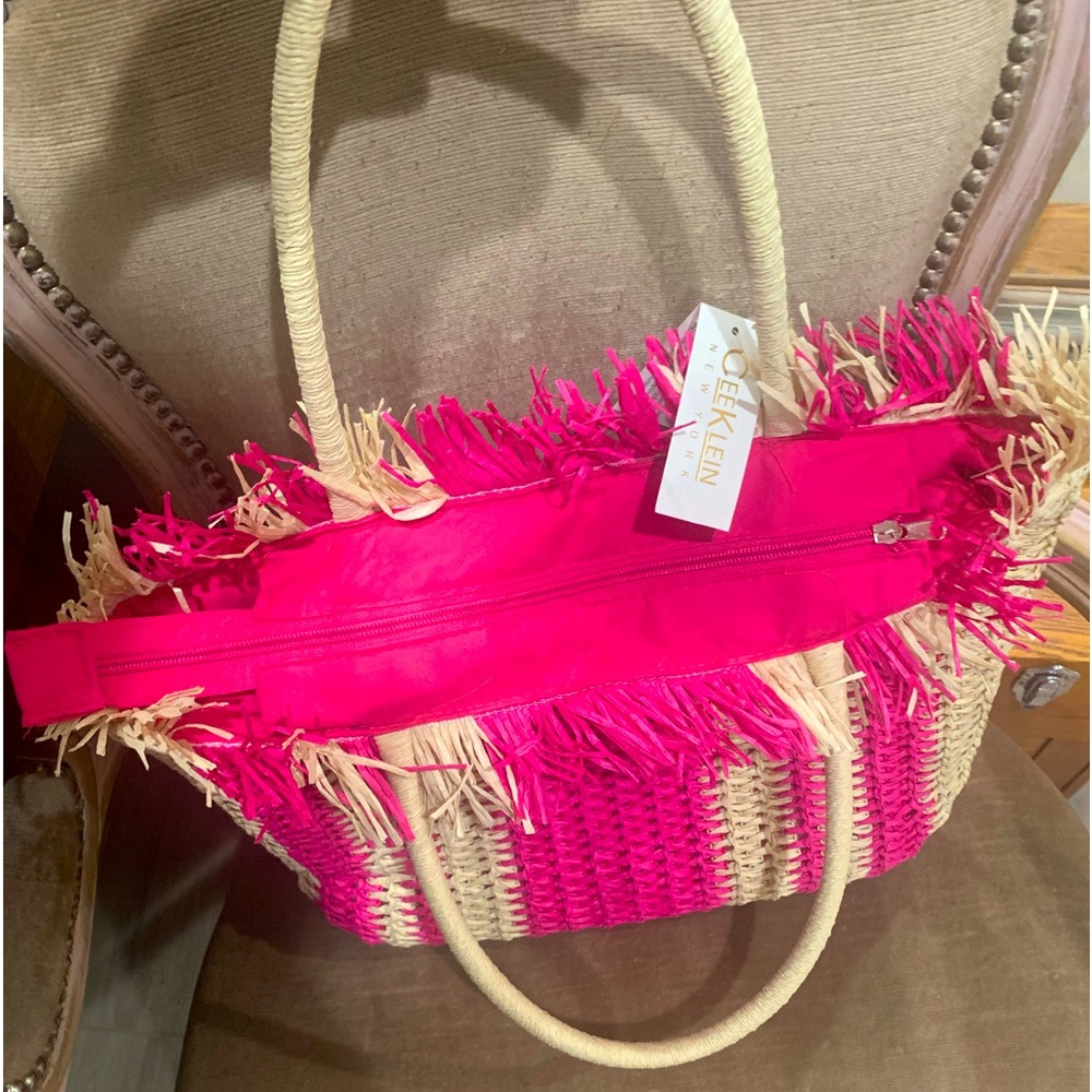 Pink Striped Straw Beach Tote Bag